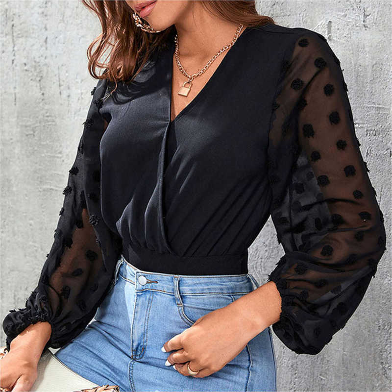 Black V Neck Splicing Swiss Dot Mesh Long Sleeve Bodysuit TQV220115-2