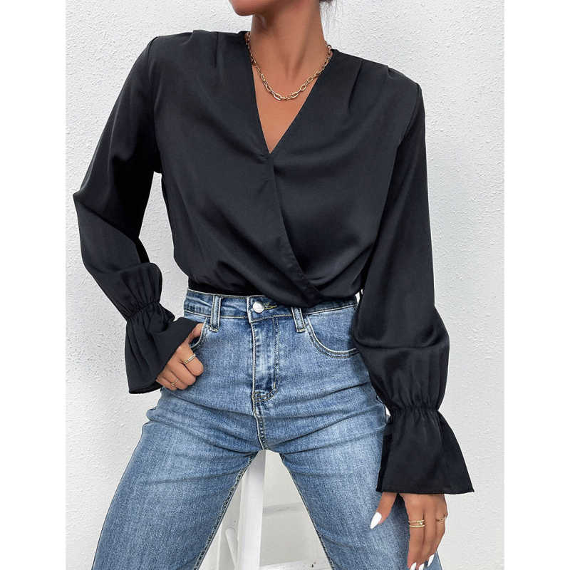 Black V Neck Wrap Long Sleeve Bodysuit TQV220137-2