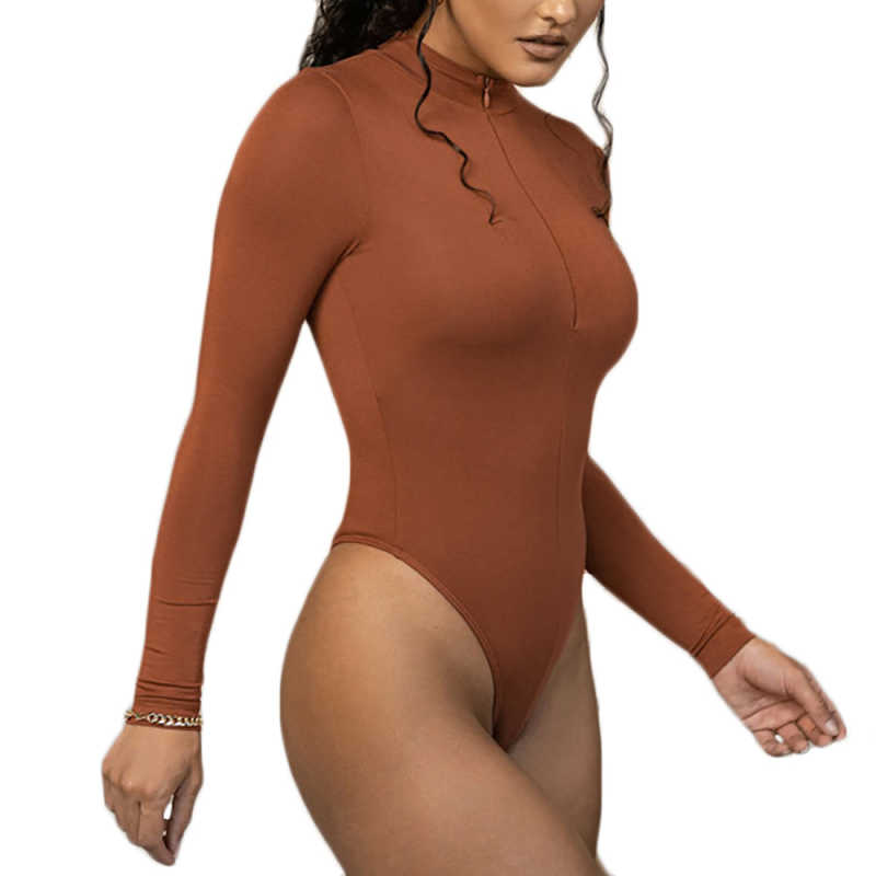 Brown Zipper-up High Neck Long Sleeve Bodysuit TQK550264-17