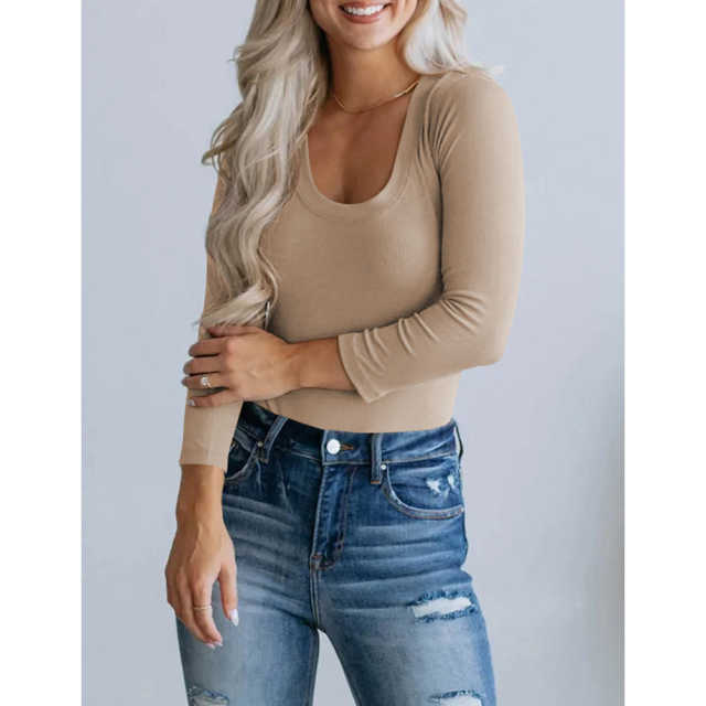 Apricot U Neck Ribbed Long Sleeve Bodysuit TQV220126-18