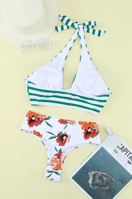Striped Floral Print Backless Halter Neck Bikini Set LC433019-9