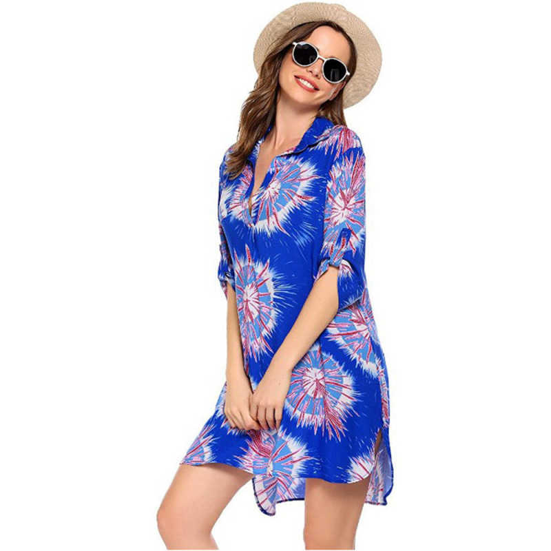 Blue Print Shirt Style Beach Cover Dress TQK650072-5