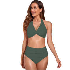 Army Green Solid Front Twist Halter Bikini Swimsuit TQK610321-27