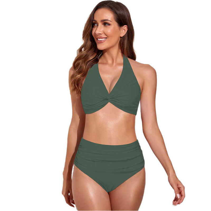 Army Green Solid Front Twist Halter Bikini Swimsuit TQK610321-27