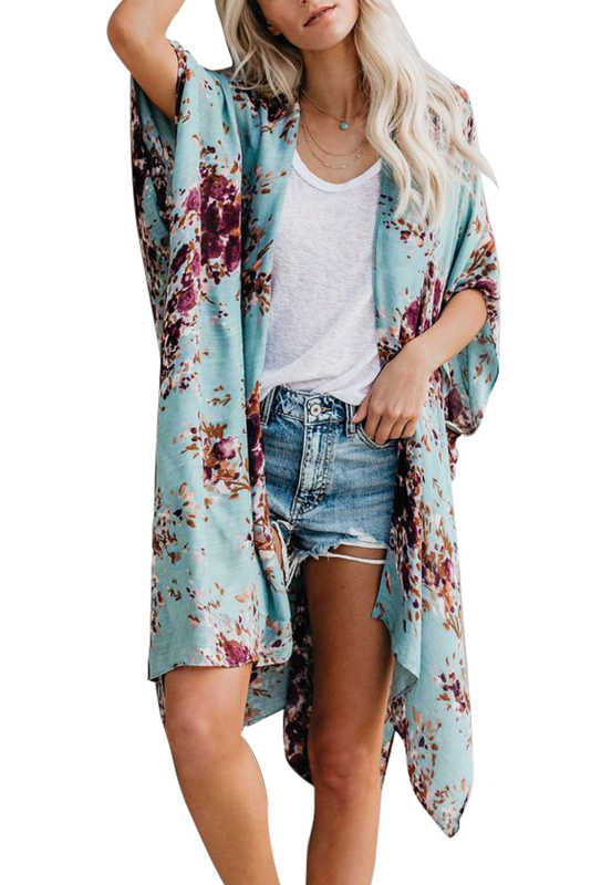 Sky Blue Floral Kimono Sleeves Chiffon Loose Beach Cover Up LC254327-4