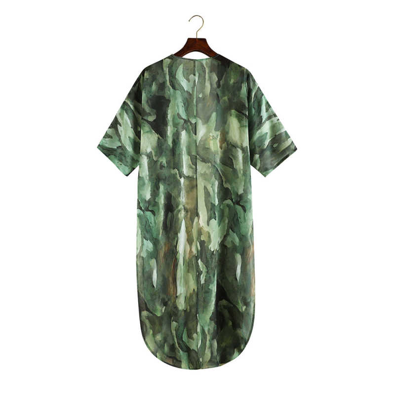 Light Green Print Chiffon Kimono Beach Cover Up TQK650082-28
