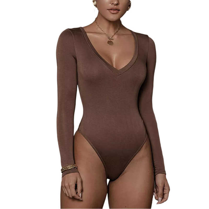 Coffee V Neckline Long Sleeve Bodysuit TQK550263-15