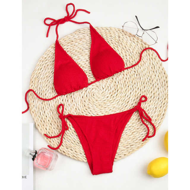 Red Solid Triangle Bikini Set TQK610265-3