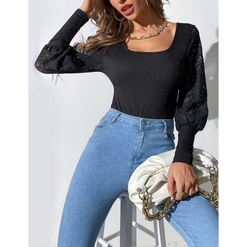 Black Spliced Lace Long Sleeve Bodysuit TQV220114-2