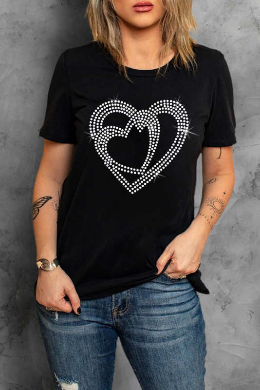 Black Shining Heart Pattern Valentines T Shirt LC25219498-2