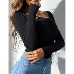 Black Rib Asymetrical Slim Fit Long Sleeve Bodysuit TQV220135-2