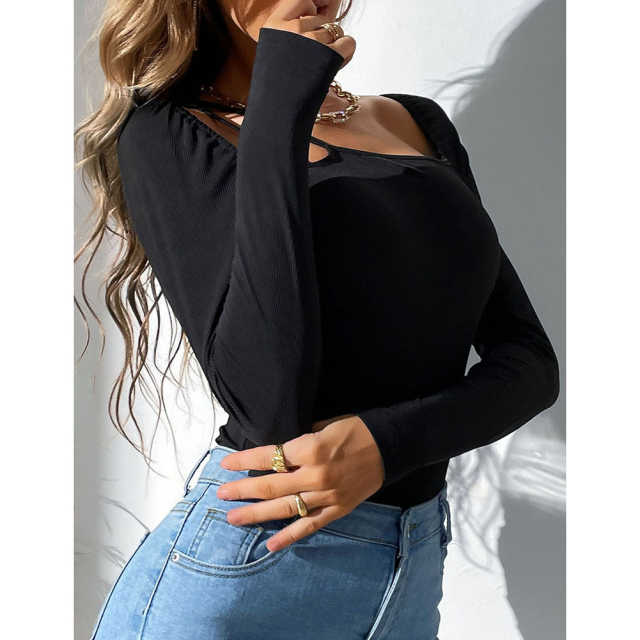 Black Rib Asymetrical Slim Fit Long Sleeve Bodysuit TQV220135-2