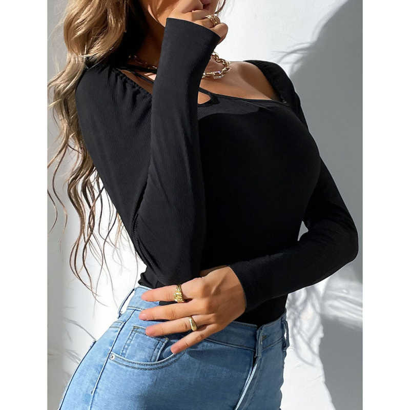 Black Rib Asymetrical Slim Fit Long Sleeve Bodysuit TQV220135-2