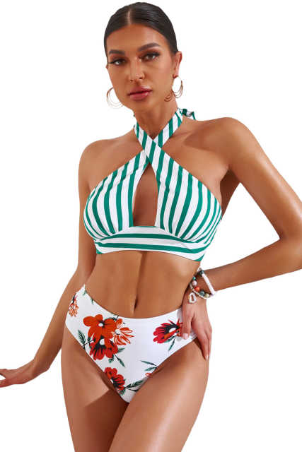 Striped Floral Print Backless Halter Neck Bikini Set LC433019-9