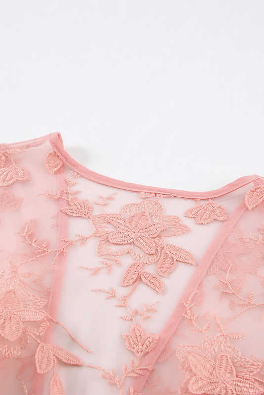 Pink Floral Mesh Lace Crochet Open Front Kimono LC2541187-10