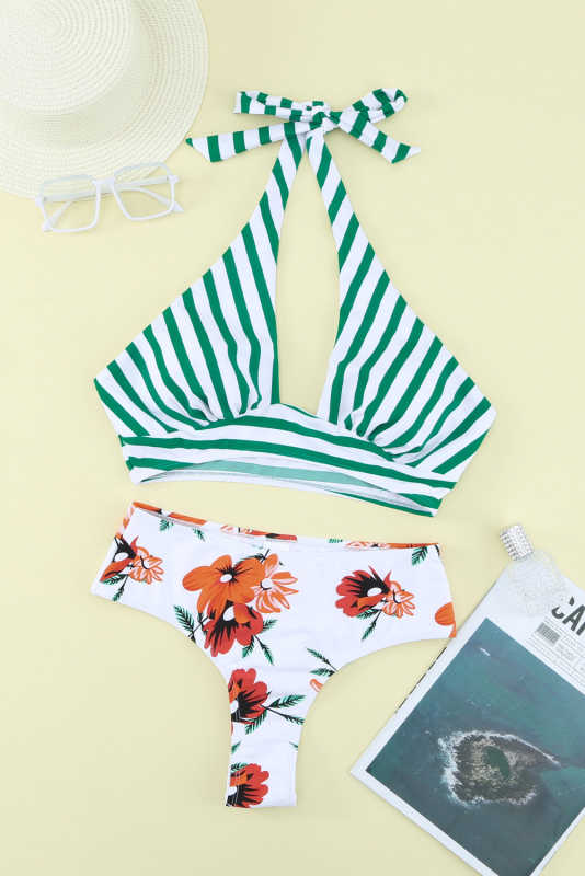 Striped Floral Print Backless Halter Neck Bikini Set LC433019-9