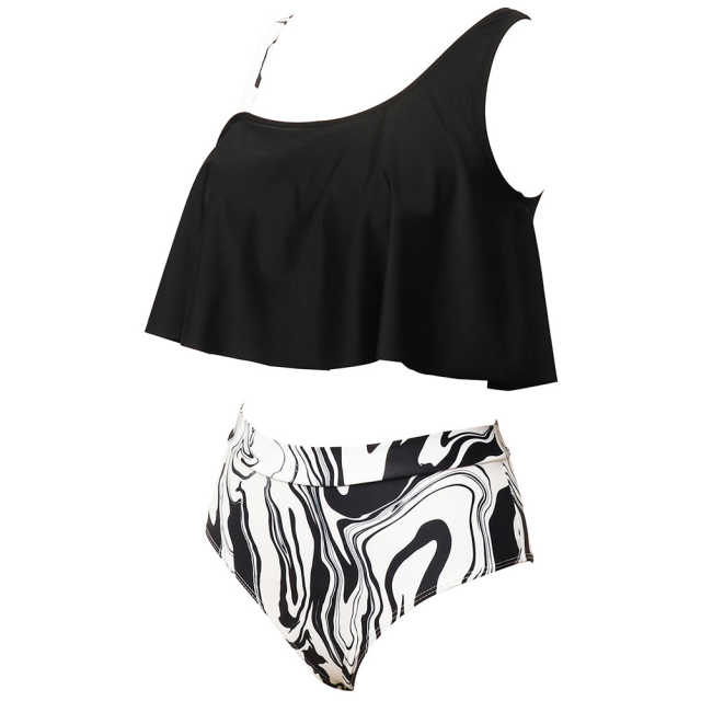 Black Ruffle Printed Bottom Tankini Swimwear Set TQK610298-2