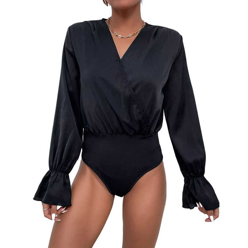 Black V Neck Wrap Long Sleeve Bodysuit TQV220137-2