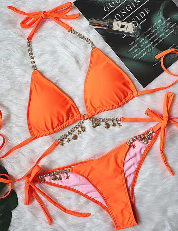 Orange Sexy Rhinestone Two-pieces Bikini Set TQK610324-14