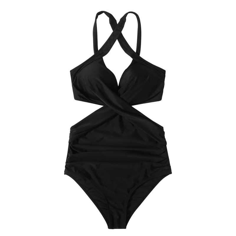 Black Cross Front Tie Backless One-piece Swimwear TQK620159-2