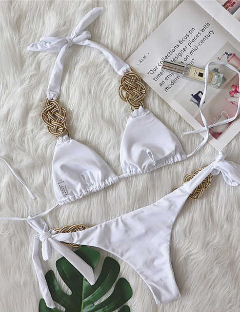 White Knit Handmade Halter 2pcs Bikini Swimsuit TQK610327-1
