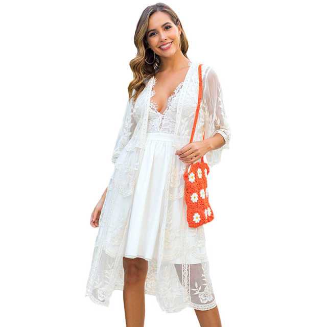 Apricot Floral Print Mesh Embroidery Cover up TQK650036-18