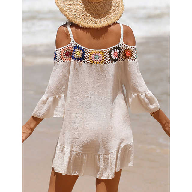 White Cold Shoulder Beach Cover Ups TQK311480-1