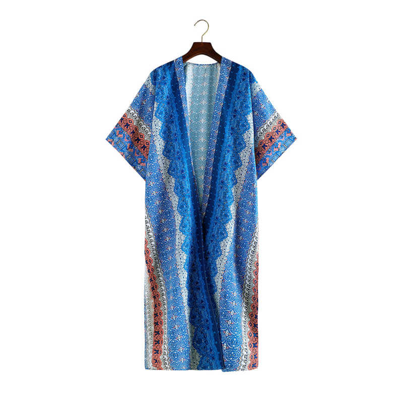 Blue Bohemia Print Long Kimono Beach Cover Up TQK650080-5