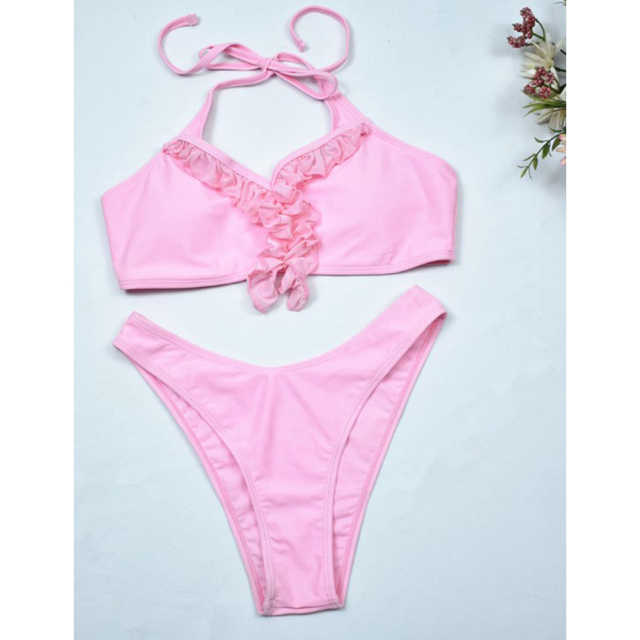 Pink Fringed Halter Two Pieces Bikini Set TQX610012-10