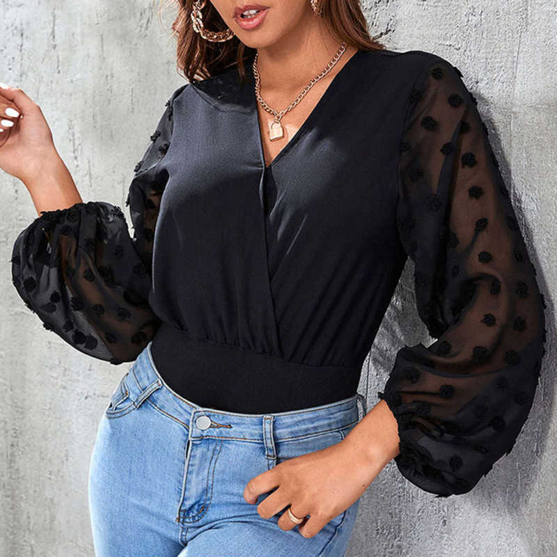 Black V Neck Splicing Swiss Dot Mesh Long Sleeve Bodysuit TQV220115-2