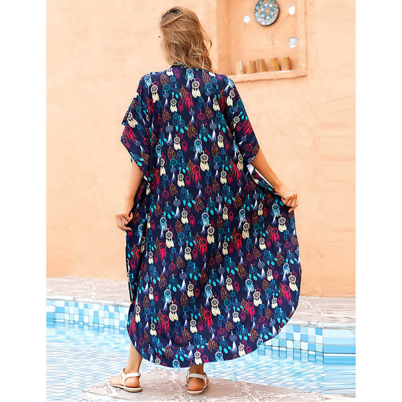 Dark Blue Button-down Holiday Beach Kimono Dress with Pocket TQK650094-16