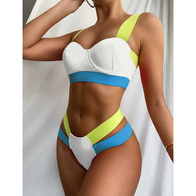 White Contrast Steel Boned Bandage Bikini Set TQF610001-1
