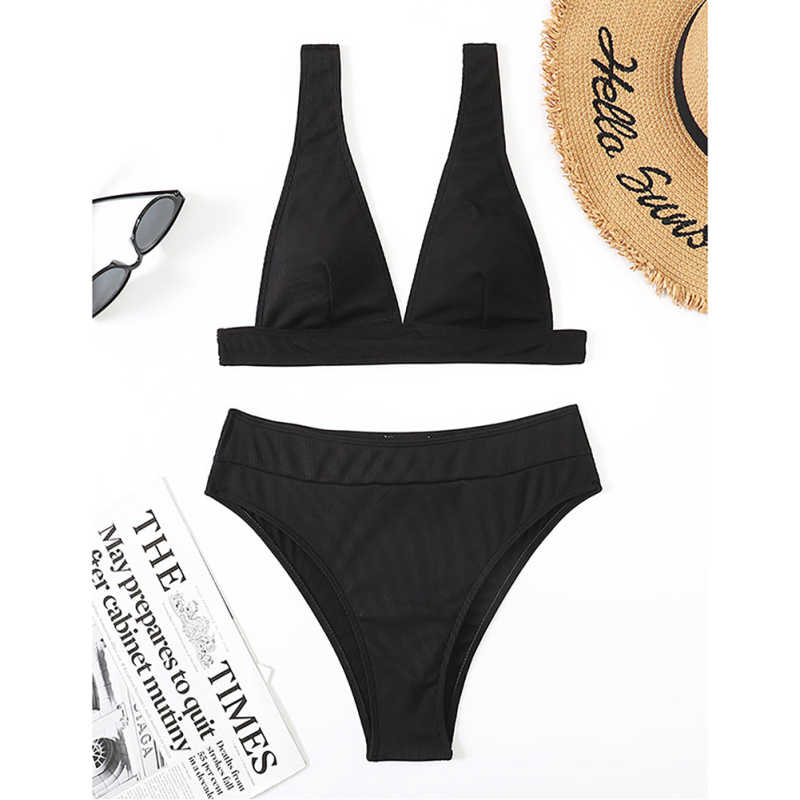 Black Solid V Neckline 2 Piece Bikini Set TQK610269-2