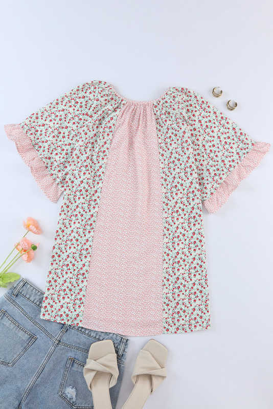 Pink Plus Size Dotty Floral Patchwork Tassel Tie V Neck Top PL251868-10