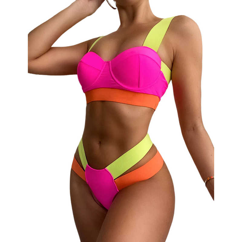 Rosy Contrast Steel Boned Bandage Bikini Set TQF610001-6