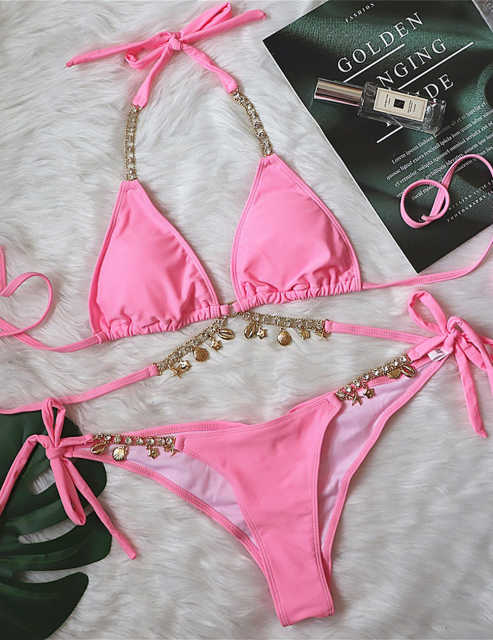 Pink Sexy Rhinestone Two-pieces Bikini Set TQK610324-10