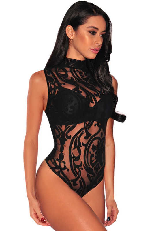 Black High Neck Mesh Lace Bodysuit LC32387-2