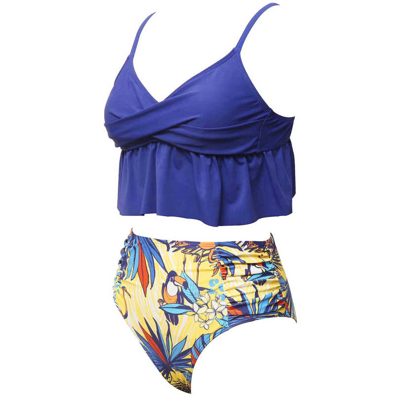 Blue Printed Ruffle Tie Back Tankini Swimwear TQK610301-5