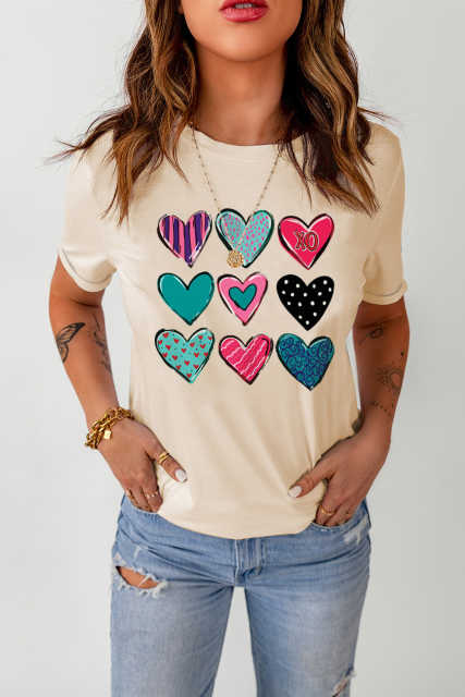 Khaki Valentines Multi Pattern Heart Print T Shirt LC25219586-16