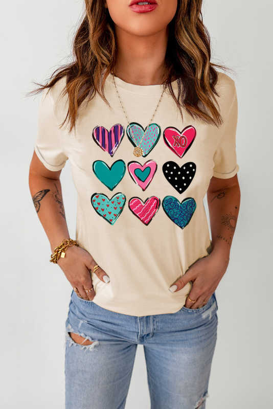 Khaki Valentines Multi Pattern Heart Print T Shirt LC25219586-16