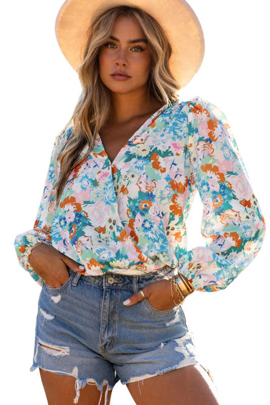 Sky Blue Floral Print Wrap Long Sleeve Bodysuit LC6421132-4