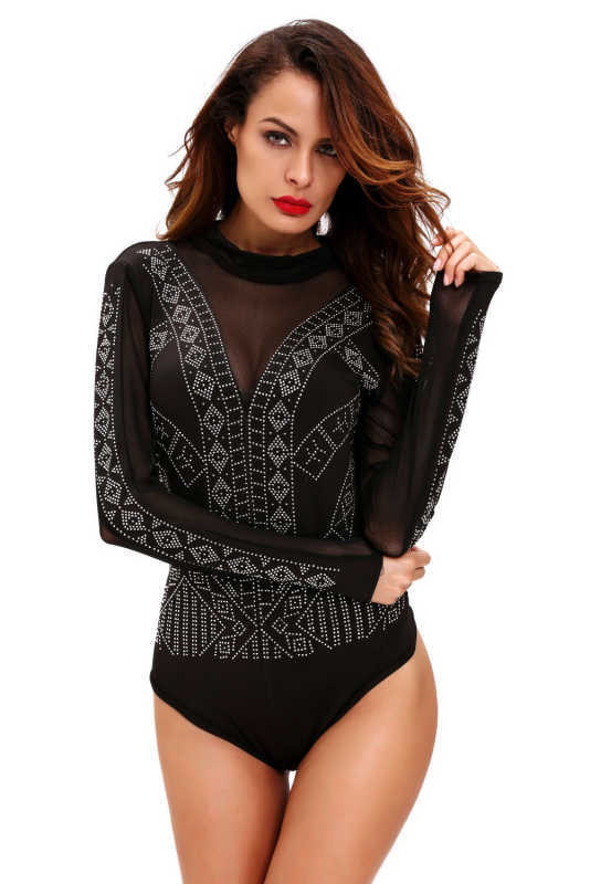 Black Long Sleeve Bodysuit With Back Open LC32062-2