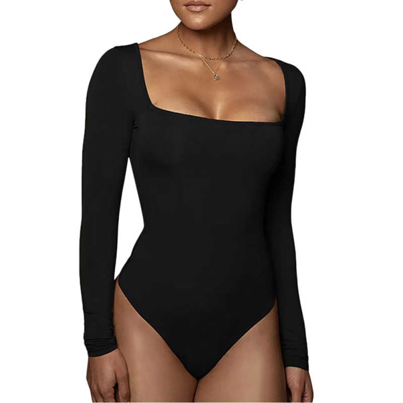 Black Square Neck Long Sleeve Bodysuit TQK550262-2