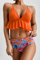 Orange Floral Frill Bikini Set LC433309-14
