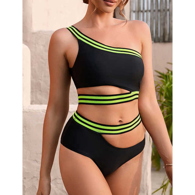 Black Contrast Cut-out Two Pieces Bikini Swimsuit TQX610008-2