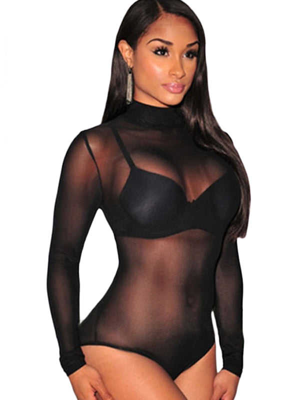Black Mesh Unlined Mock Neck Bodysuit LC3278-2