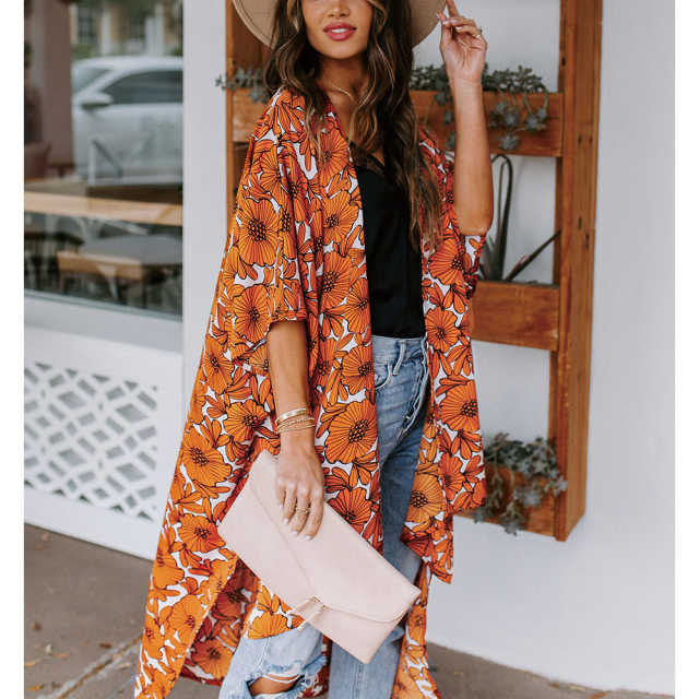 Orange Floral Print 1/2 Sleeves Chiffon Kimono TQK650089-14
