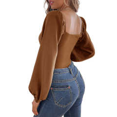 Khaki Twisted Rib V Neck Long Sleeve Bodysuit TQV220138-21