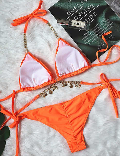 Orange Sexy Rhinestone Two-pieces Bikini Set TQK610324-14