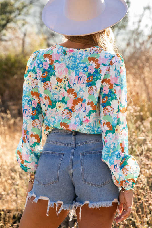 Sky Blue Floral Print Wrap Long Sleeve Bodysuit LC6421132-4